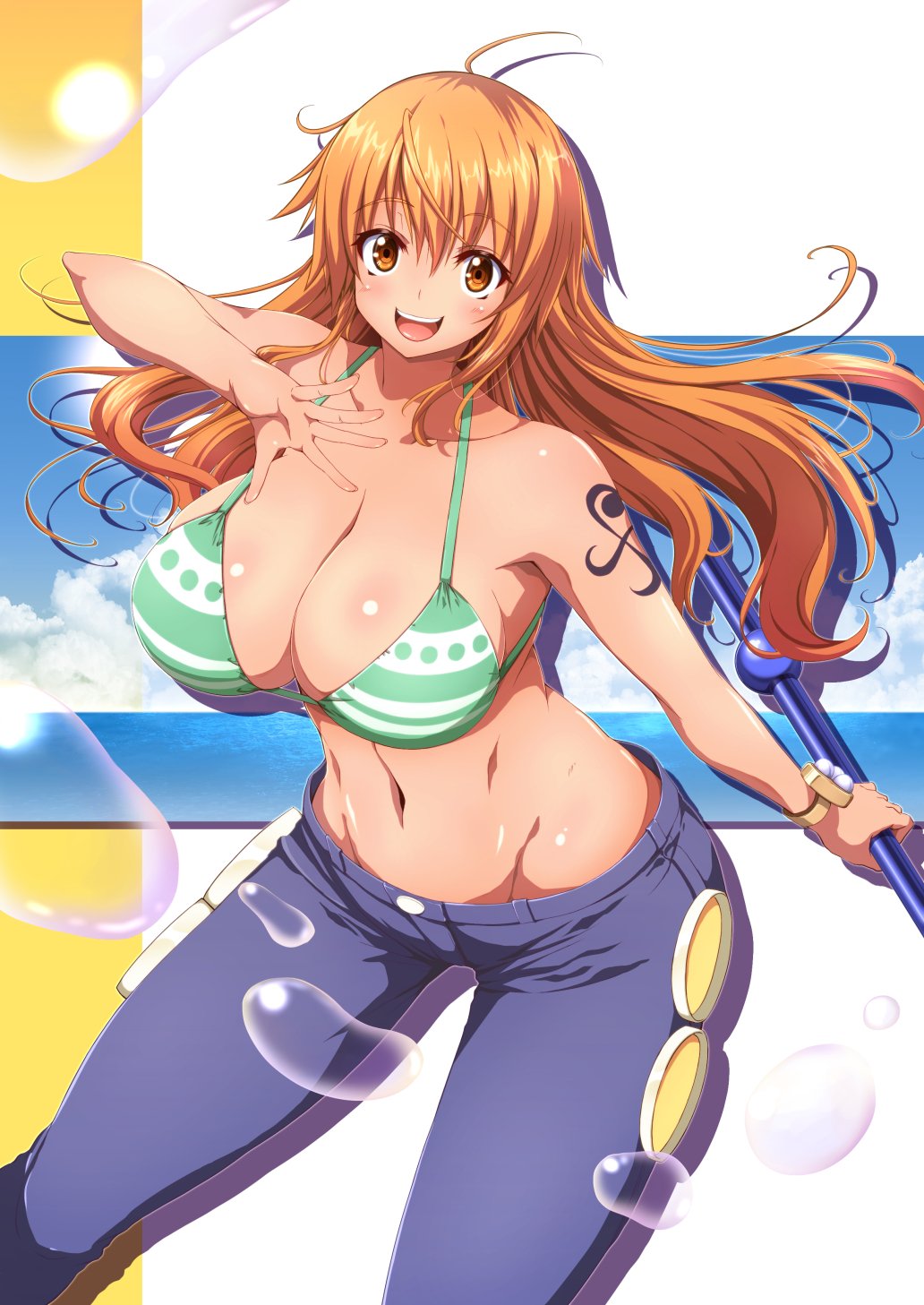 ahoge bad_id bad_twitter_id bare_shoulders bikini blush breasts commentary_request denim female female_only highres huge_breasts inactive_account jeans kojirou! looking_at_viewer nami nami_(one_piece) one_piece open_mouth orange_hair pants post-timeskip shiny_skin shoulder_tattoo simple_background solo striped_bikini swimsuit tattoo