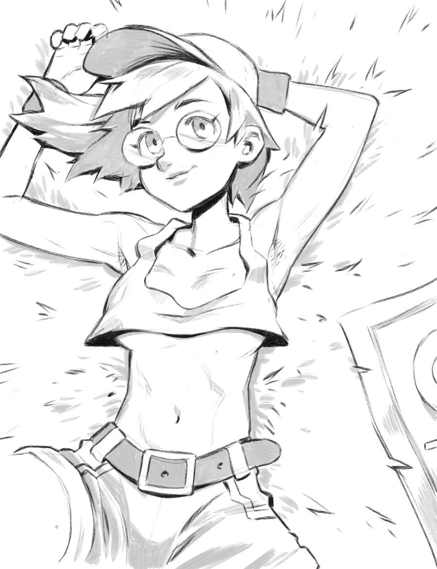 1girls abs armpit_hair armpits baseball_cap belt black_and_white blanket cargo_pants fio_germi glasses grass long_hair looking_at_viewer lying_on_back lying_on_ground medium_breasts metal_slug mole_on_breast nature no_bra outdoors pants picnic plate sfw sineprin sketch solo underboob wristband