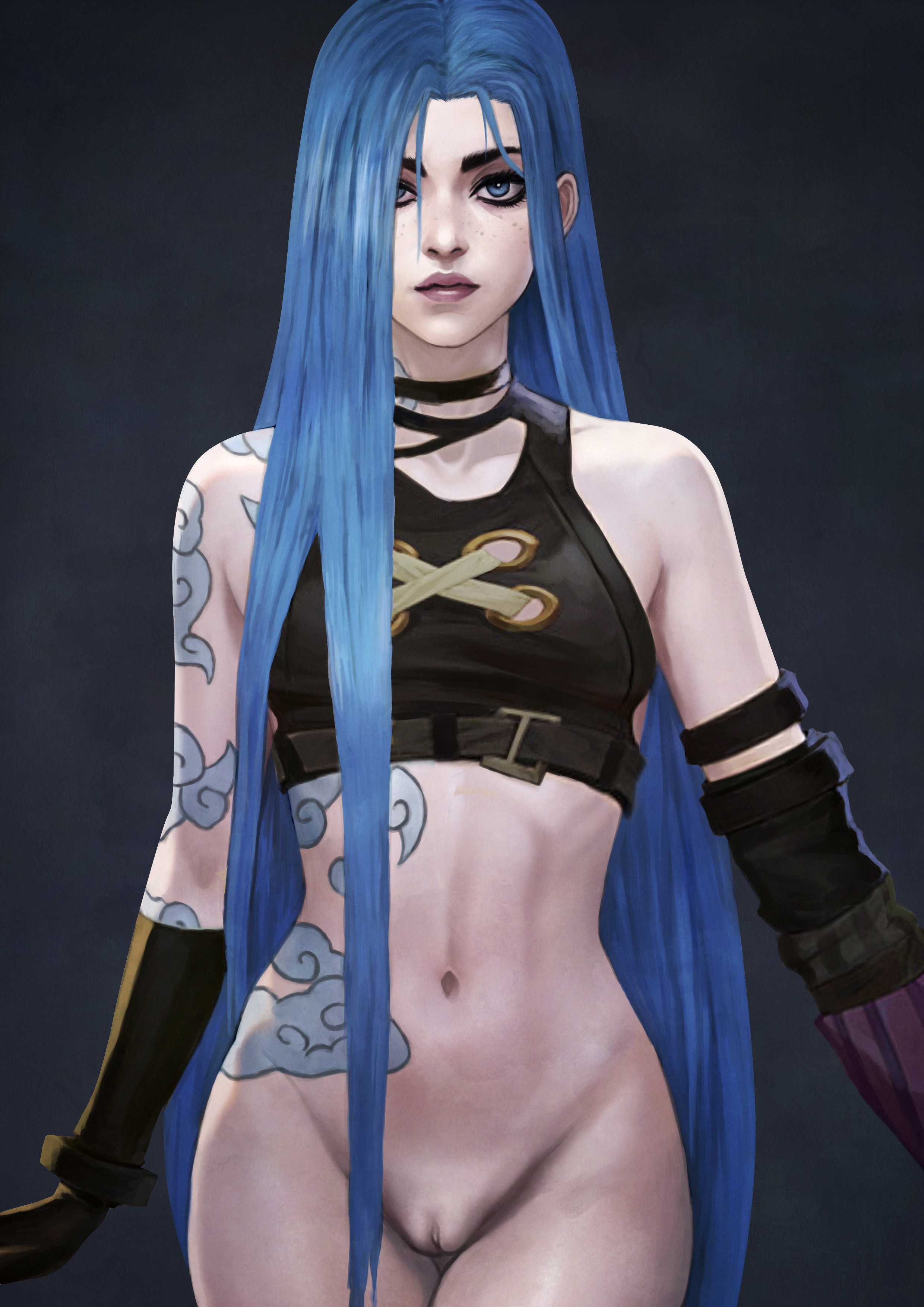 blue eyes, blue hair, bottomless, female, hair over one eye, jinx (league of legends), league of legends, long hair, monorirogue, pussy, straight hair, vagina