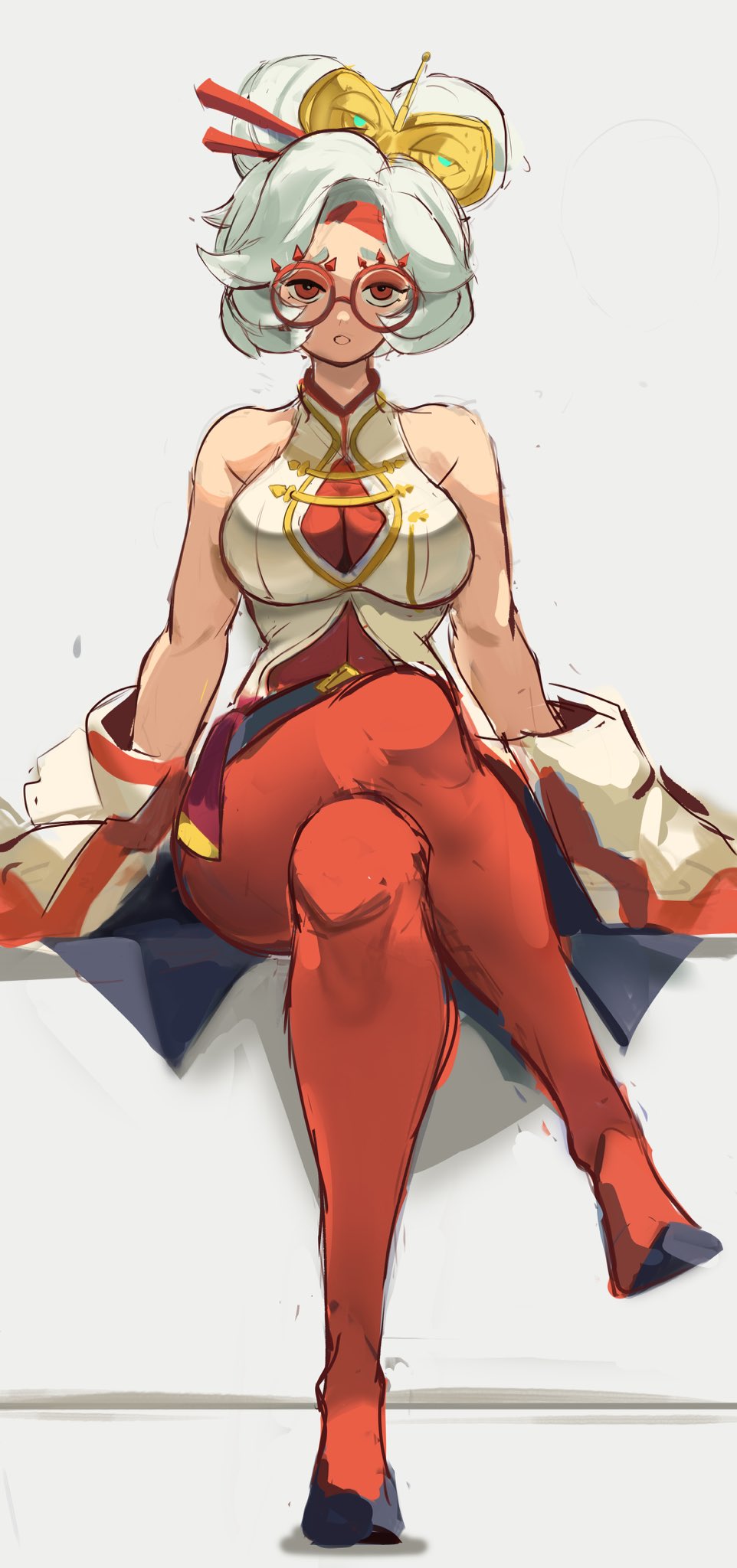 1girls, big breasts, breasts, cleavage, clothed, female, glasses, legs crossed, looking at viewer, purah, purah (tears of the kingdom), rakeemspoon, red eyes, sitting, sleeveless shirt, solo, solo female, tears of the kingdom, the legend of zelda, white hair