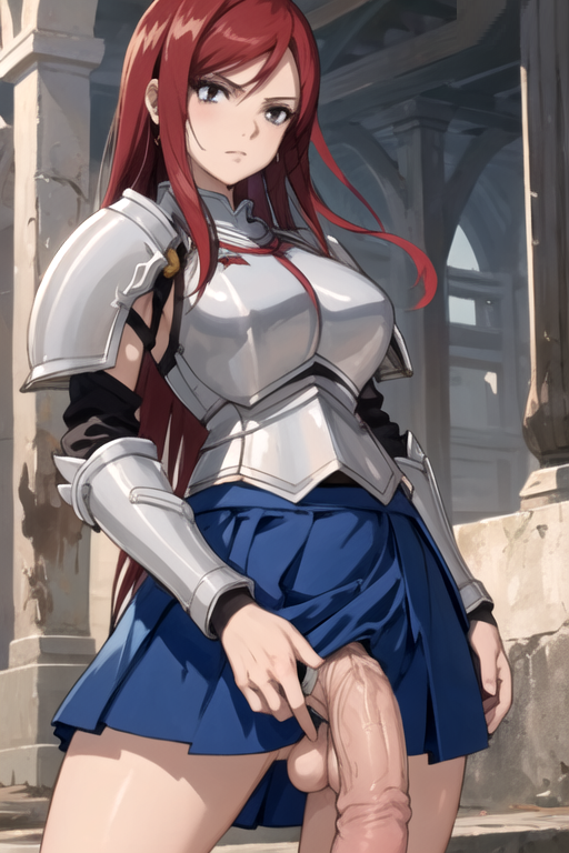 ai_generated armor balls erza_scarlet fairy_tail futanari huge_cock jaconicon partially_clothed red_hair skirt tagme