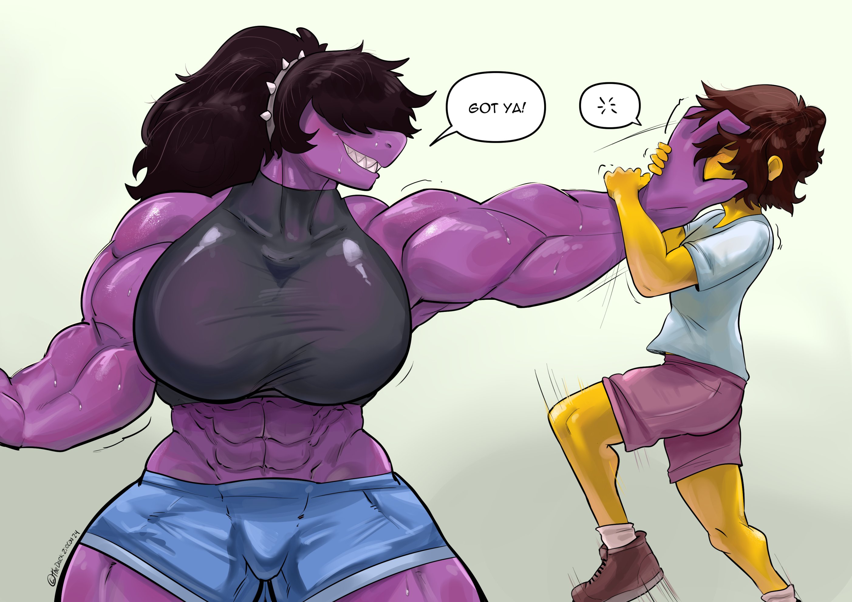 1girls, 1other, 2024, abs, ambiguous gender, anthro, arm grab, armpits, artist name, bangs, biceps, big breasts, bottomwear, breasts, brown hair, busty, clothed, clothed female, clothes, clothing, covering another's mouth, covering face, covering mouth, crop top, curvaceous, curvy, deltarune, dialogue, duo, english text, face grab, female, female/ambiguous, front view, fully clothed, grin, hair, hair over eyes, hand grab, head grab, hi res, huge breasts, human, human on anthro, interspecies, kris (deltarune), large breasts, larger anthro, larger female, long hair, medium hair, midriff, muscular, muscular arms, muscular female, muscular legs, muscular thighs, obscurezircon, ponytail, purple body, purple skin, scalie, sharp teeth, shirt, shorts, signature, simple background, size difference, smaller human, smile, smiling, speech bubble, standing, stomach, struggling, susie (deltarune), sweat, sweatdrop, sweating, talking, tank top, teeth, text, thedarkzircon, thick thighs, thighs, topwear, voluptuous, wide hips, yellow body, yellow skin