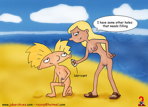 1boy 1girls arnold_shortman beach breasts dialogue dripping_pussy hey_arnold! holding_penis looking_at_penis lube_bottle nickelodeon nipples nude nude_beach penis public_nudity pussy red_scorpion sandals summer_(hey_arnold) testicles