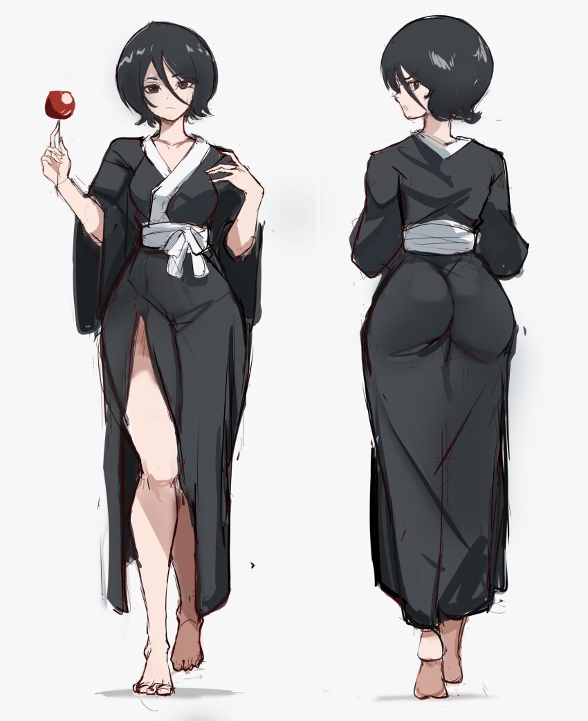 1girls, apple, ass, ass focus, back view, big ass, black hair, black-haired female, bleach, female, front view, kuchiki rukia, rakeemspoon, short hair, solo, solo female, yukata
