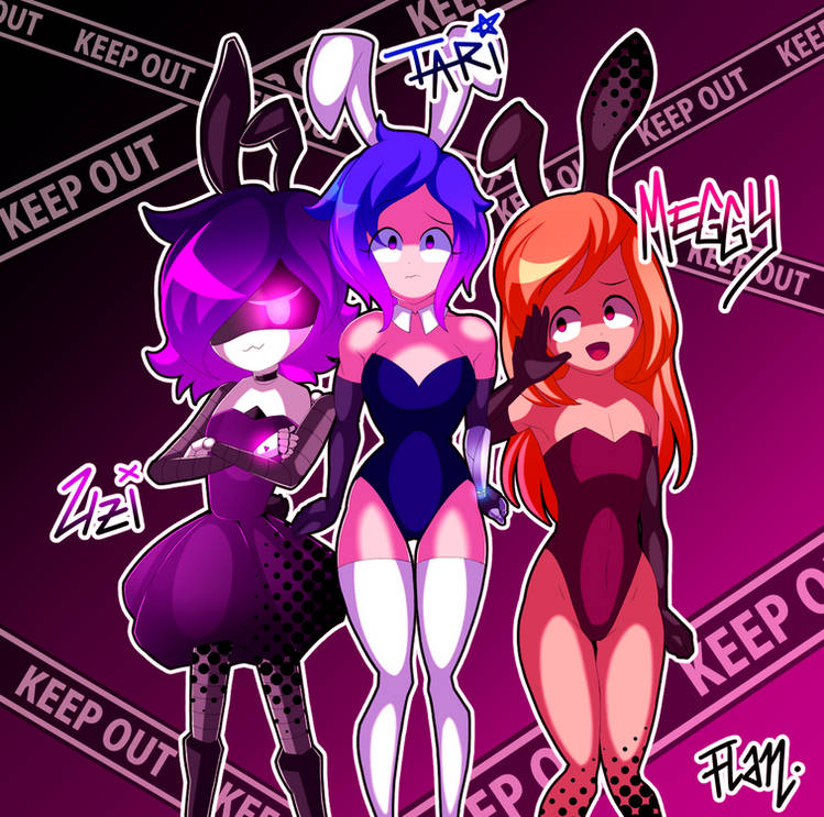 3girls animal_ears bunny_ears bunny_girl bunnysuit female_only glitch_productions human_meggy long_hair meggy_spletzer multiple_girls murder_drones orange_eyes orange_hair playboy playboy_bunny playboy_bunny_costume playboy_bunny_leotard purple_eyes purple_hair robot robot_girl short_hair smg4 tari_(smg4) thighs uzi_(murder_drones)