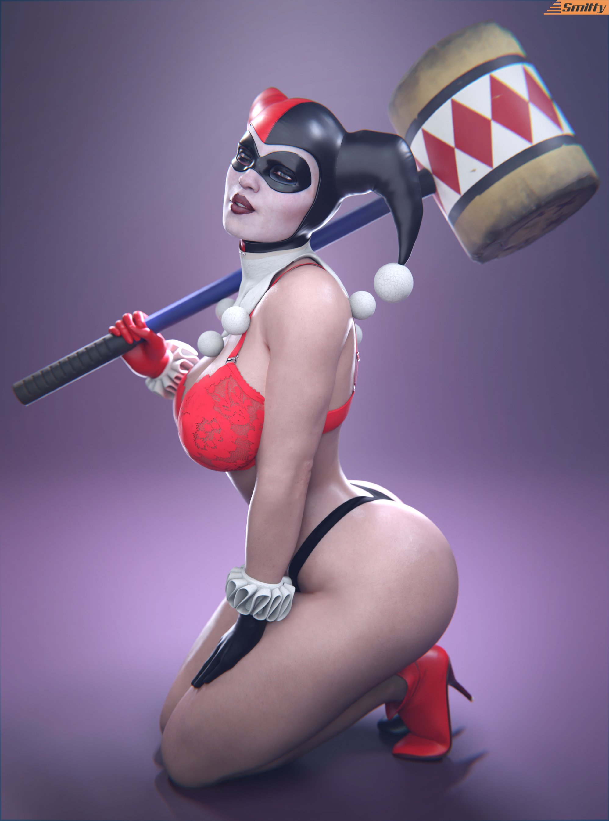 1girls, 3d, 3d (artwork), alternate version at source, alternate version available, ass, batman (series), batman: arkham knight, belly button, big ass, big breasts, big hips, big thighs, bra, breasts, bust, clown, clown girl, dc, dc comics, eyemask, female, female only, gloves, harley quinn, harley quinn (classic), harley quinn (injustice), headwear, injustice 2, jester, jester cap, jester girl, jester hat, looking at viewer, mask, midriff, panties, simple background, smitty34, solo, solo female, tattoo, thick thighs, underwear, wide hips, wristwear
