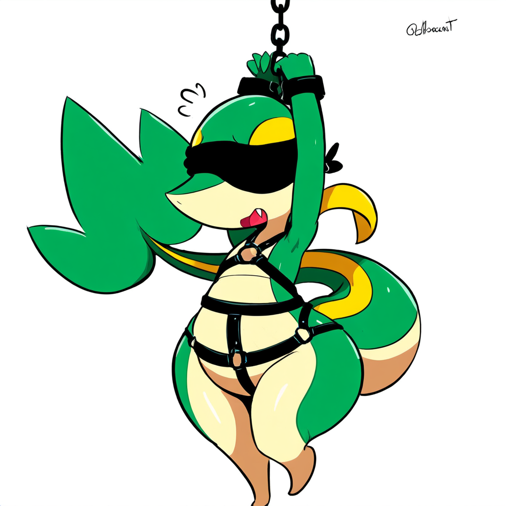 1:1 ai_generated anthro blindfold bondage bondage bound chains cuff_(restraint) female flat_chested generation_5_pokemon green_body hellsonger hi_res nintendo open_mouth pokemon pokemon_(species) reptile restraints scalie shackles simple_background snivy solo white_background