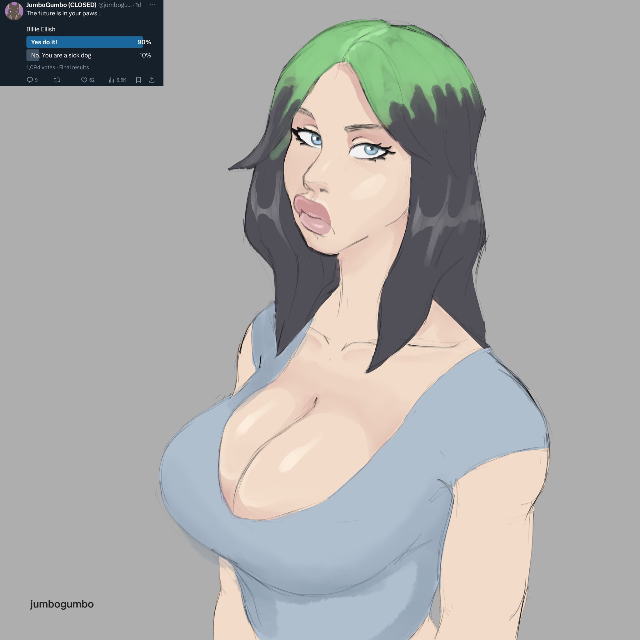 1girls, big breasts, billie eilish, bimbo lips, black hair, blue eyes, breasts, celebrity, cleavage, clothed, clothed female, dyed hair, english text, female, female only, green hair, human, jumbogumbo, light skin, light-skinned female, long hair, real person, solo, text, two-tone hair