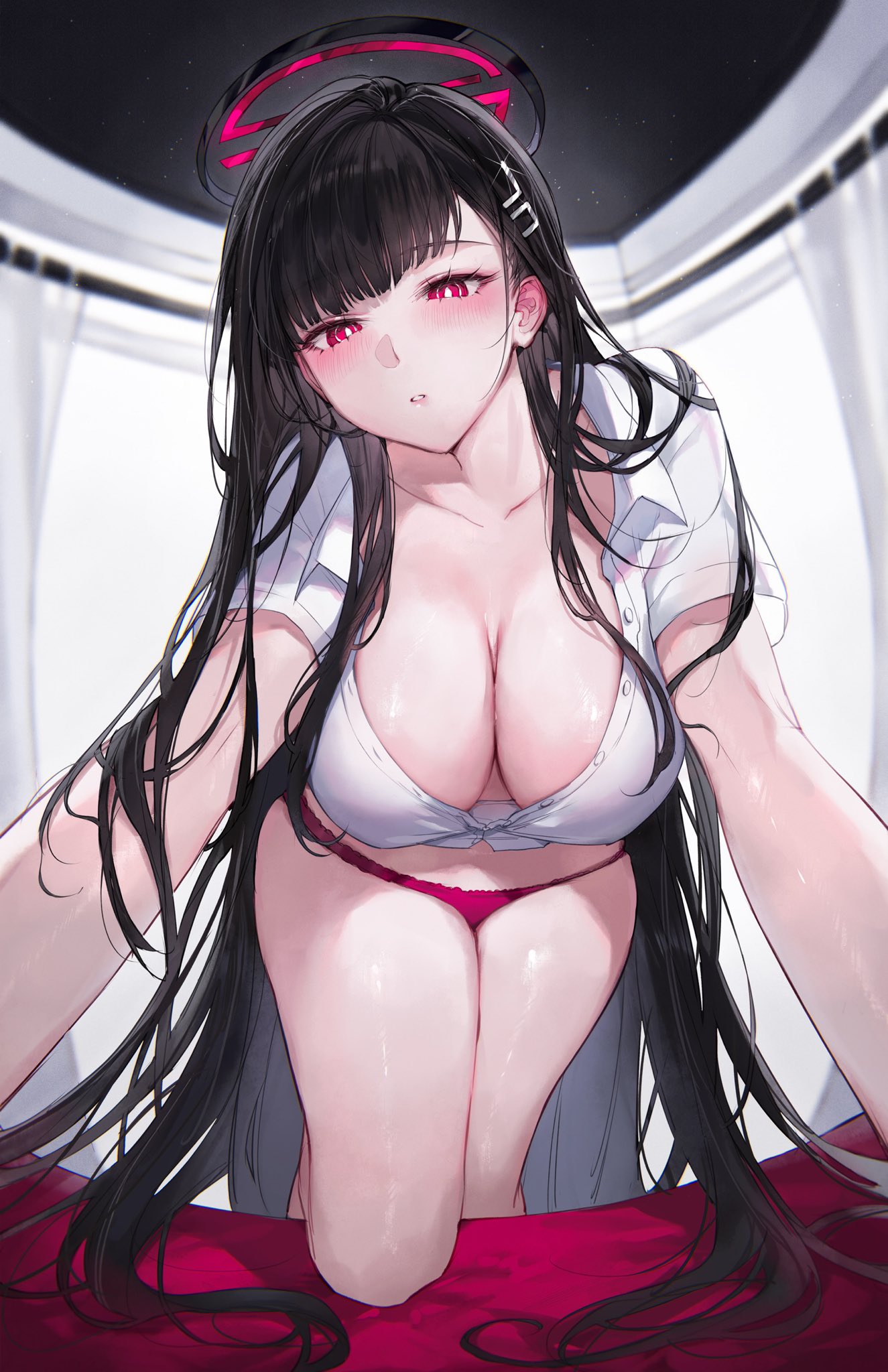 1girls black_and_red_halo black_hair blue_archive blush blushing_at_viewer cleavage female female_focus female_only large_breasts light-skinned_female light_skin long_hair looking_at_viewer millennium_science_school_student panties qiandaiyiyu red_eyes red_panties rio_(blue_archive) seminar_(blue_archive) seminar_president student_council_president tagme unusual_pupils white_pupils