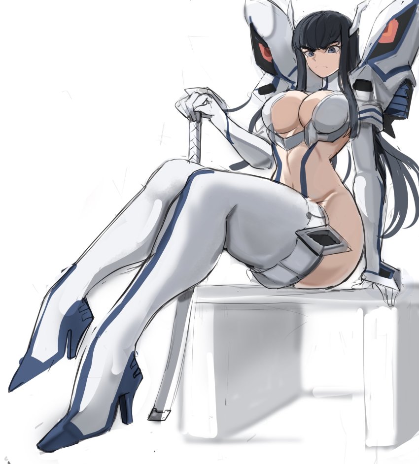 1girls, adult swim, big breasts, black hair, black-haired female, breasts, female, junketsu, kill la kill, kiryuuin satsuki, long hair, rakeemspoon, sheath, sitting, solo, solo female, sword, thick thighs, thighs, toonami, white background