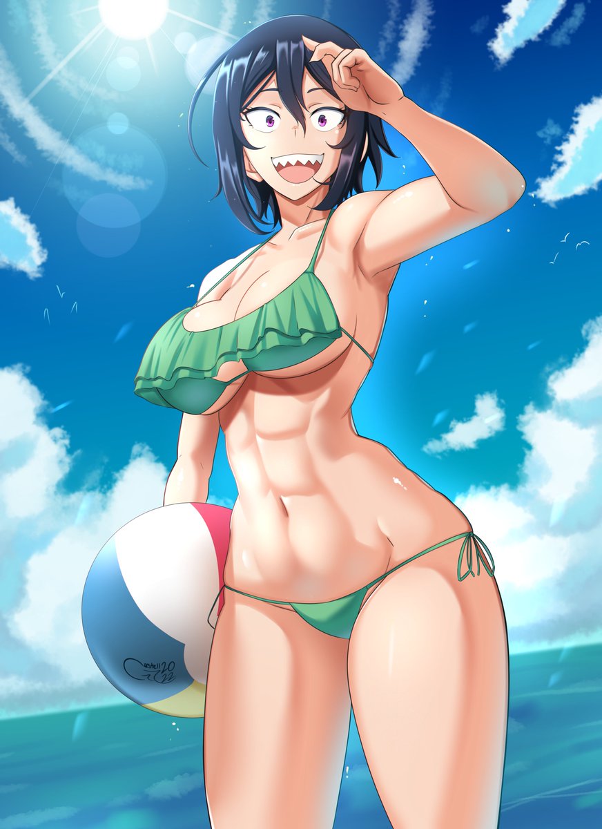 1girls abs arm_up athletic_female ball bare_arms bare_legs bare_thighs barefoot beach big_breasts bikini bikini_bottom bikini_top black_hair castell color female female_focus female_only fit_female frilled_bikini hi_res hitomi-chan_is_shy_with_strangers hitomi_takano large_breasts light-skinned_female light_skin looking_at_viewer muscular muscular_female navel open_mouth purple_eyes sea sharp_teeth short_hair slim_waist solo solo_female sun swimsuit swimwear tagme teenage_girl teenager thick_thighs tomboy water wide_hips