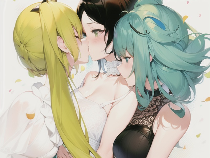 3girls ai_generated big_breasts black_hair breast_to_breast breasts closed_eyes clothed green_eyes green_hair hugging_from_behind kissing lesbian_kiss long_hair open_eyes shuri yellow_eyes yellow_hair yuri