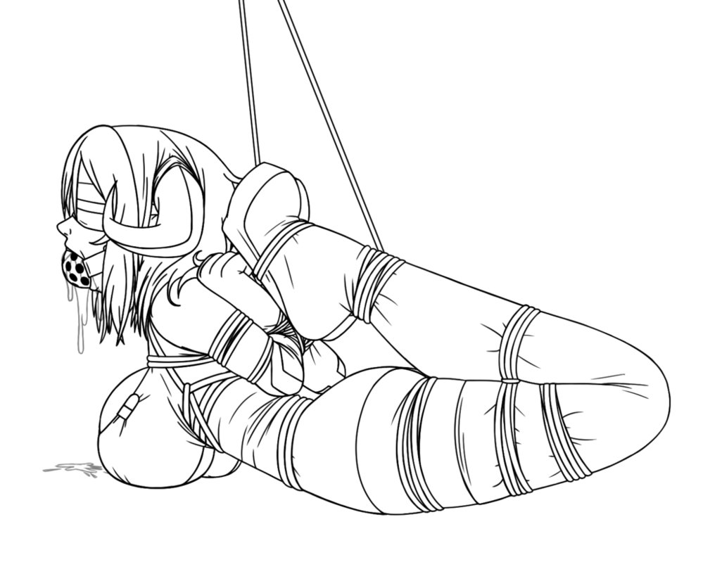 arms_behind_back arms_tied arms_tied_behind_back black_and_white blindfold bondage celeste_luvendass drool drool_string drooling female female_only hogtie horns huniepop legs_tied legs_tied_together legs_together raver1357 solo whiffle_gag