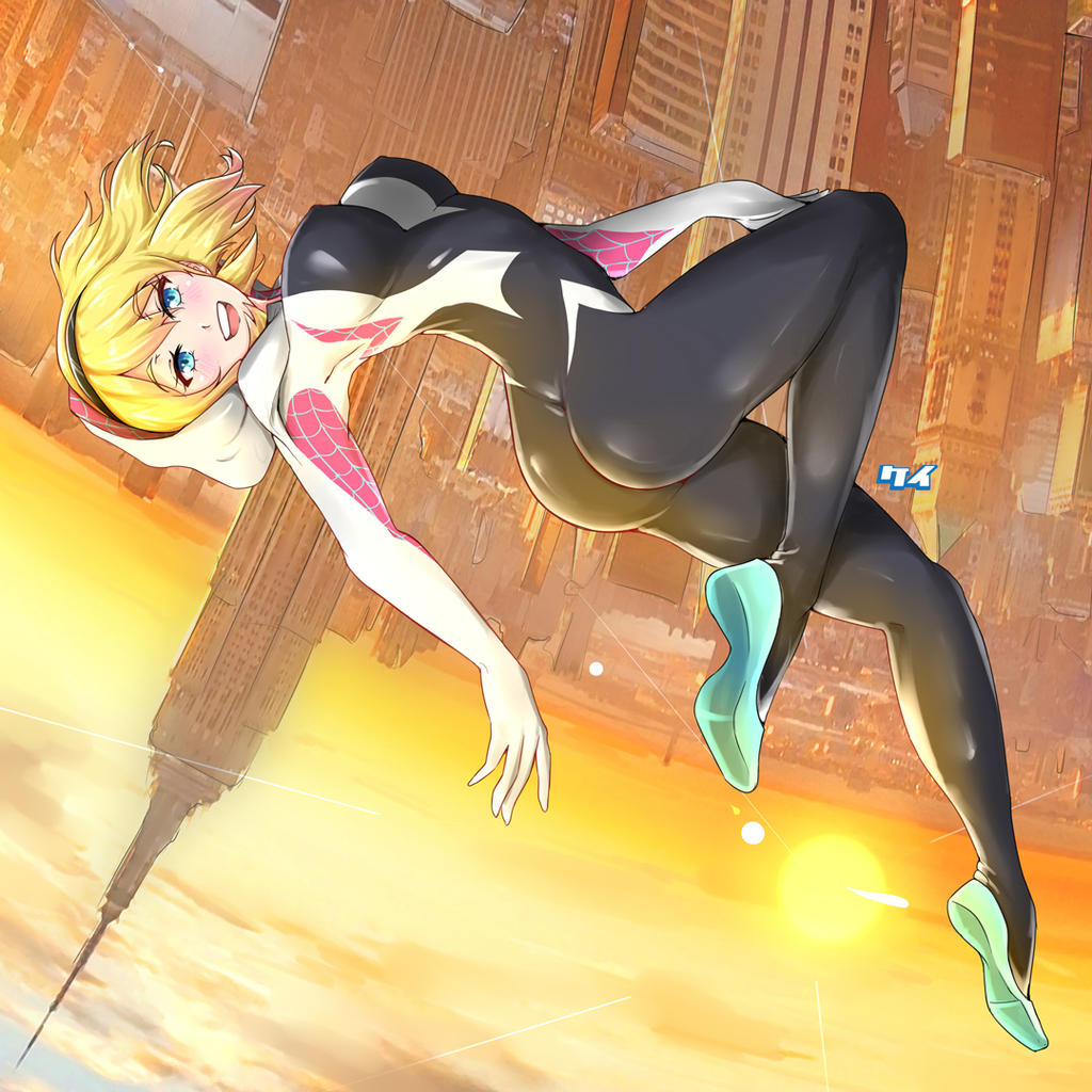 1girls, ass, big breasts, blonde hair, blue eyes, bodysuit, breasts, female, female only, gwen stacy, hairband, marvel, marvel comics, nipple bulge, round ass, solo, solo female, spider-gwen, spider-man (series), sunset, superhero, superhero costume, superheroine, tight bodysuit, tiltedcube
