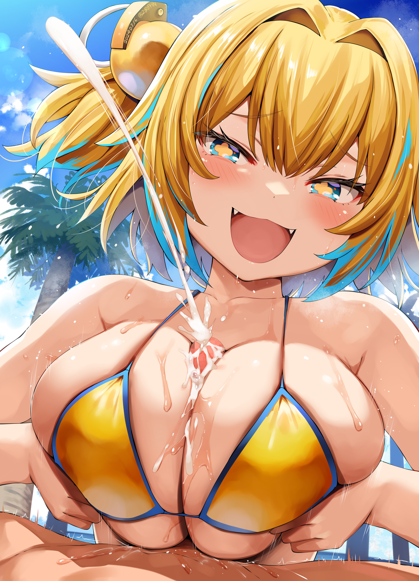 :3, :3d, 1boy, 1girls, assertive female, beach, belko, big breasts, bikini, blonde female, blonde hair, blue eyes, blue highlights, blush, bombergirl, breasts, censored, cleavage, clothed female nude male, cum, cum between breasts, cum on breasts, cumshot, day, ejaculation, fangs, female, hair ornament, happy, highlights (coloring), huge breasts, large breasts, light skin, light-skinned female, light-skinned male, looking at another, looking at partner, looking at viewer, male, male pov, mosaic censoring, motion lines, open mouth, open-mouth smile, orgasm, outdoors, outside, paizuri, paizuri lead by female, paizuri under clothes, penis, pine (bombergirl), public, public indecency, shiny hair, shiny skin, short hair, short twintails, smile, star-shaped pupils, swimsuit, symbol-shaped pupils, tongue, yellow bikini, yellow pupils, yellow swimsuit