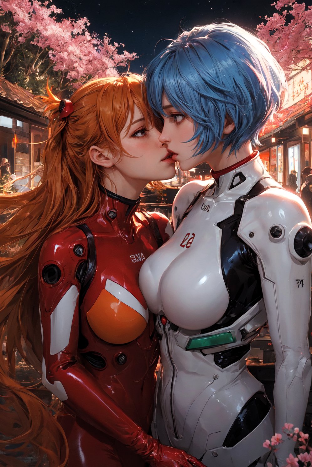 2girls, ai generated, asuka langley sohryu, blue hair, bodysuit, breasts, brown eyes, eye contact, female, human, kissing, light skin, light-skinned female, long hair, medium breasts, neon genesis evangelion, night, orange hair, outdoors, pale skin, pale-skinned female, pilot suit, plugsuit, rei ayanami, sarella, short hair, tagme, yuri