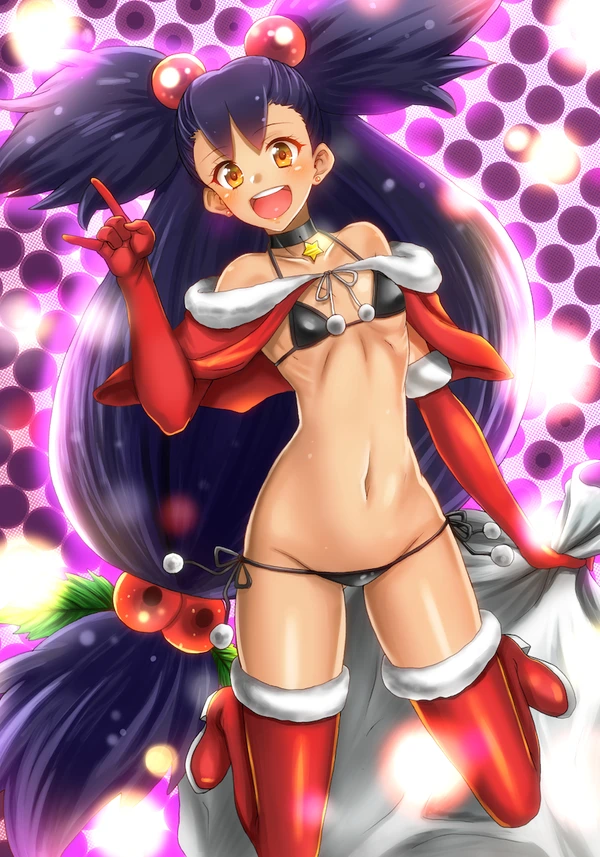 1girls belly big_hair black_hair breasts brown_eyes christmas elbow_gloves eyelashes female_only flat_chest gloves holding human iris_(pokemon) long_hair navel nintendo pokemon pokemon_bw pokemon_bw2 ponytail ribs small_breasts smile takecha thick_thighs thighhighs thin_waist very_long_hair