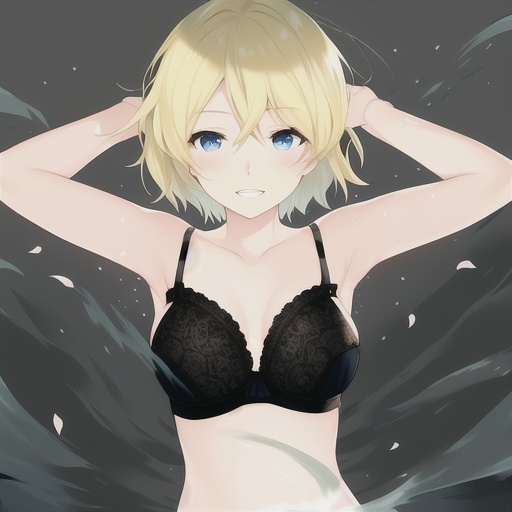 ai_generated arms_behind_head big_breasts black_underwear blue_eyes breasts chris day_when_world_become_free light_hair looking_at_viewer lying_on_back short_hair smiling smiling_at_viewer underwear