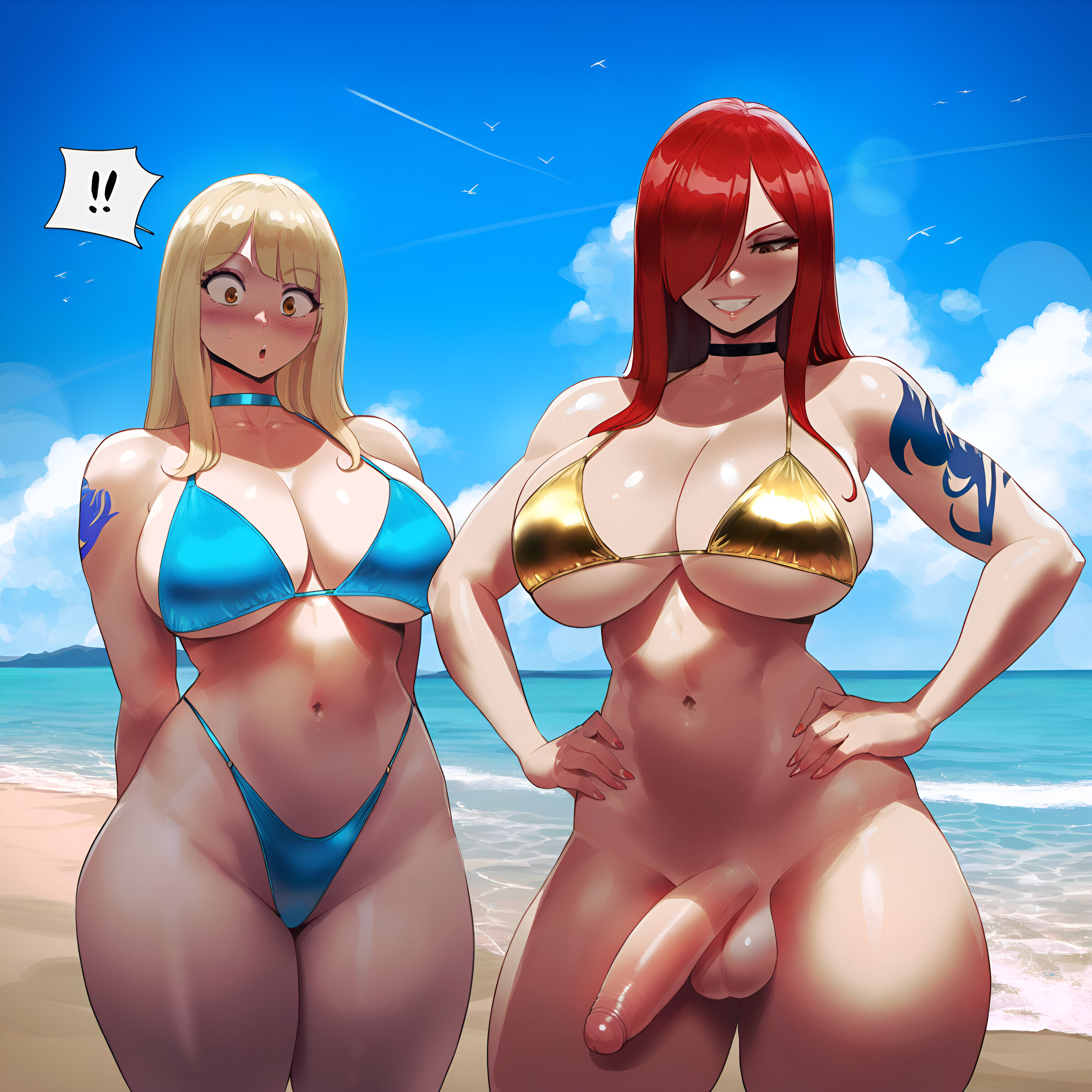 1futa, 1girls, ai generated, ass, beach, big ass, big penis, bikini, bikini top, bikini top only, blonde hair, bottomless, bottomless futa, breasts, busty, creamy ai, curvy, erza scarlet, fairy tail, female, futa on female, futanari, imminent sex, intersex, long hair, lucy heartfilia, nude, outdoors, outside, penis, pussy, red hair, seaside, voluptuous