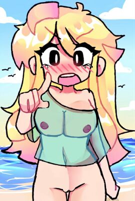 angry angry_expression angry_face beach beach_background black_eyes blonde_female blonde_hair bottomless embarrassed embarrassed_female nipples nipples_visible_through_clothing pointing pointing_at_viewer roxapox tagme transparent_clothing