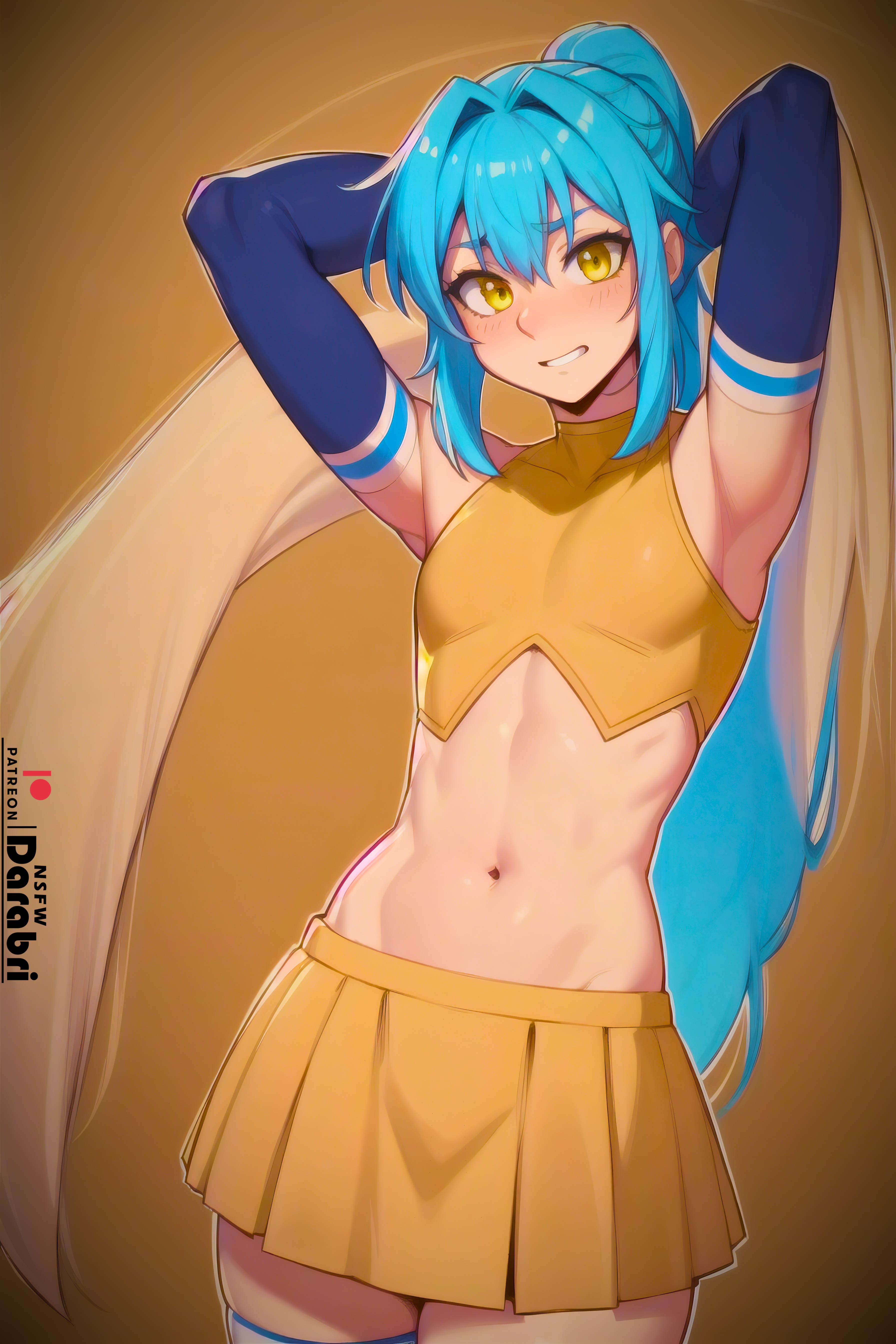 1boy, abs, abstract background, absurd res, ai generated, armpits, arms behind head, bangs, blue hair, blush, cheerleader, cheerleader uniform, crop top, cute, darabri, detached sleeves, detailed, femboy, feminine male, flat chest, flat chested, girly, gradient background, logo, long hair, looking at viewer, male, male only, navel, open smile, otoko no ko, outline, pale skin, patreon, patreon logo, ponytail, pov eye contact, rimuru tempest, simple background, skirt, smile, solo, solo focus, stockings, tensei shitara slime datta ken, that time i got reincarnated as a slime, thighhighs, trap, yellow eyes