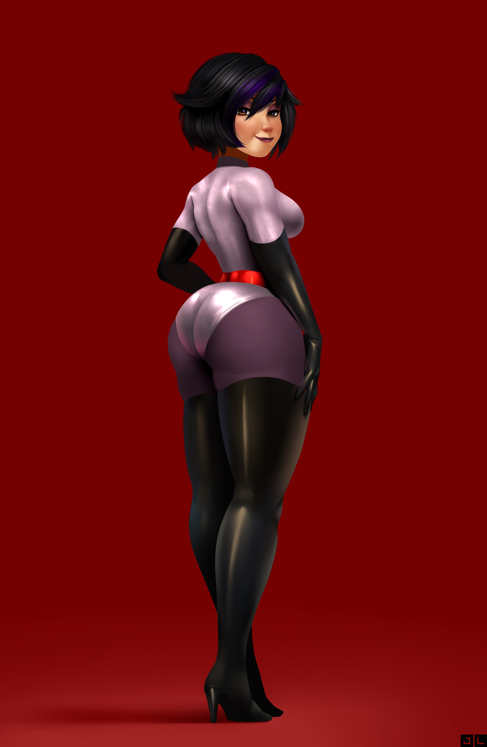 1girls, asian, ass, back view, big hero 6, bodysuit, brown eyes, cosplay, curvy, dat ass, disney, elastigirl (cosplay), female, female focus, female only, fully clothed, gogo tomago, helen parr (cosplay), helen's ass check, highlights, hourglass figure, jlullaby, lipstick, marvel, marvel comics, pixar, rear view, short hair, smooth skin, solo, standing, the incredibles, the incredibles 2, tight clothes, voluptuous
