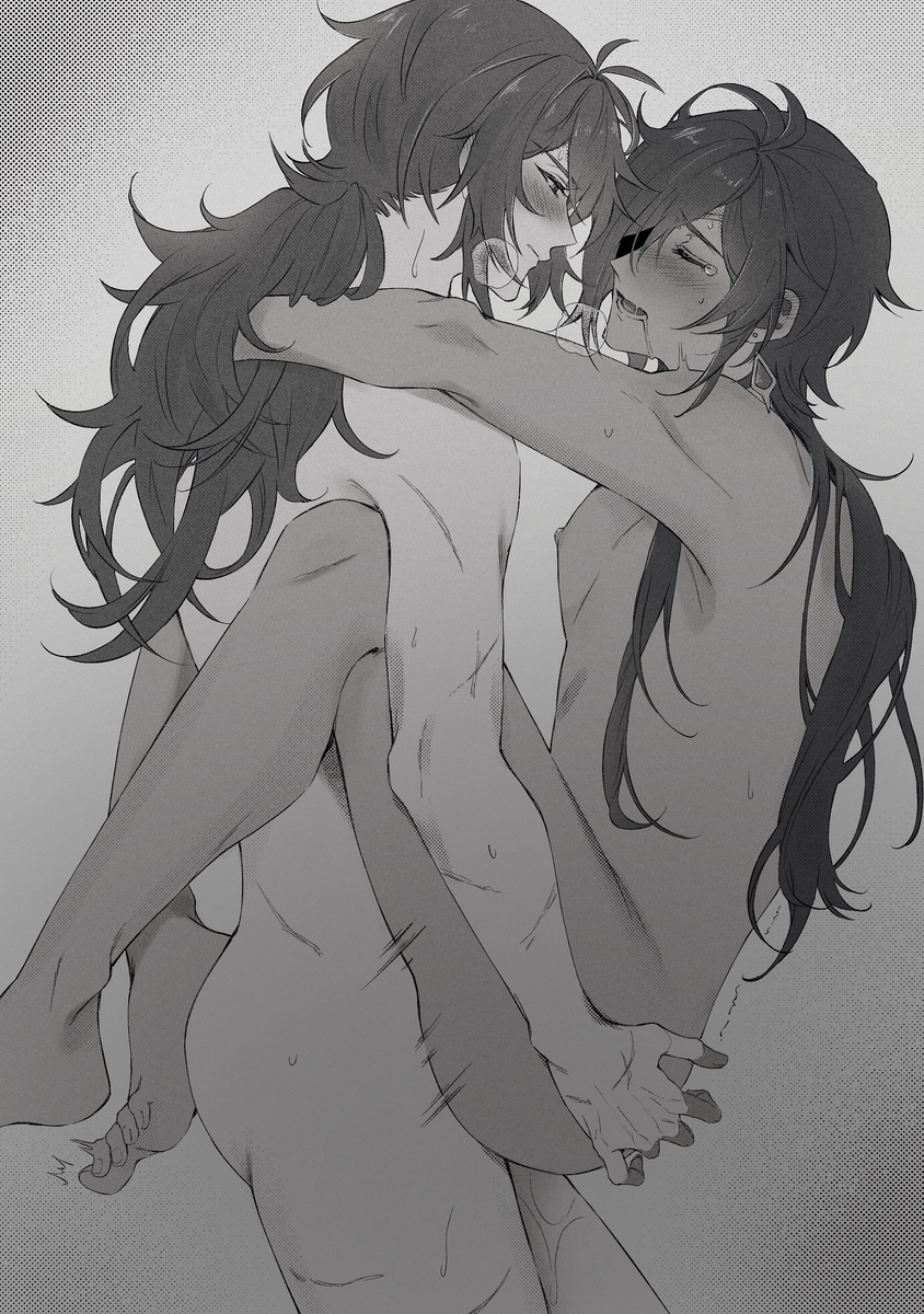 2boys blue_hair carrying carrying_another carrying_partner carrying_position diluc_(genshin_impact) gay gay_anal gay_sex genshin_impact holding kaeya_(genshin_impact) long_hair looking_at_another looking_pleasured male_only moaning moaning_in_pleasure monochrome naked naked_male red_hair tan_body yaoi