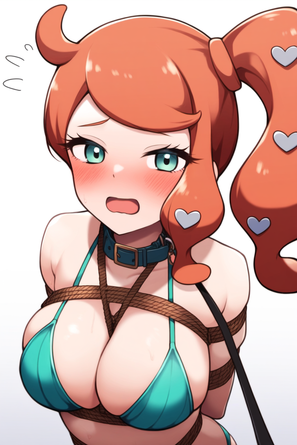 ai_generated bikini blush bondage collar large_breasts leash leash_pull orange_hair pokemon pokemon_ss sonia_(pokemon) swimsuit tied_up tiques