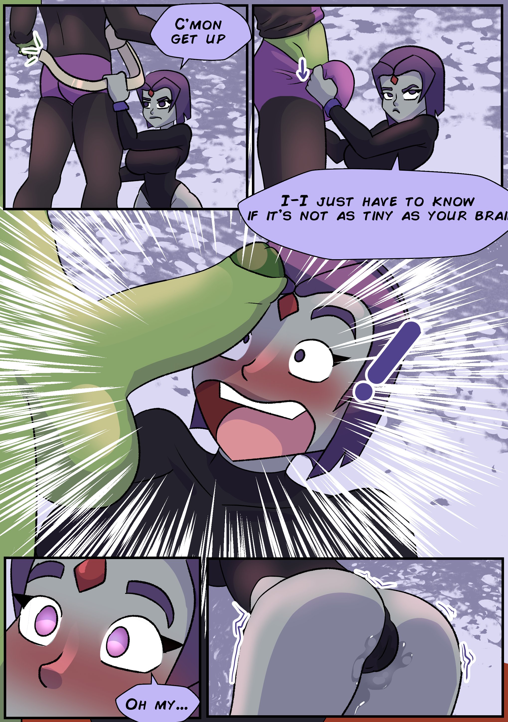 beast boy, big breasts, big penis, blush, breasts, cock, cock shock, comic, comic page, dc, dc comics, dialogue, dick, evil raccoon, female, garfield logan, green body, green eyes, green hair, green skin, grey body, grey skin, huge cock, leotard, male, pants down, penis, purple eyes, purple hair, rachel roth, raven (dc), teen titans