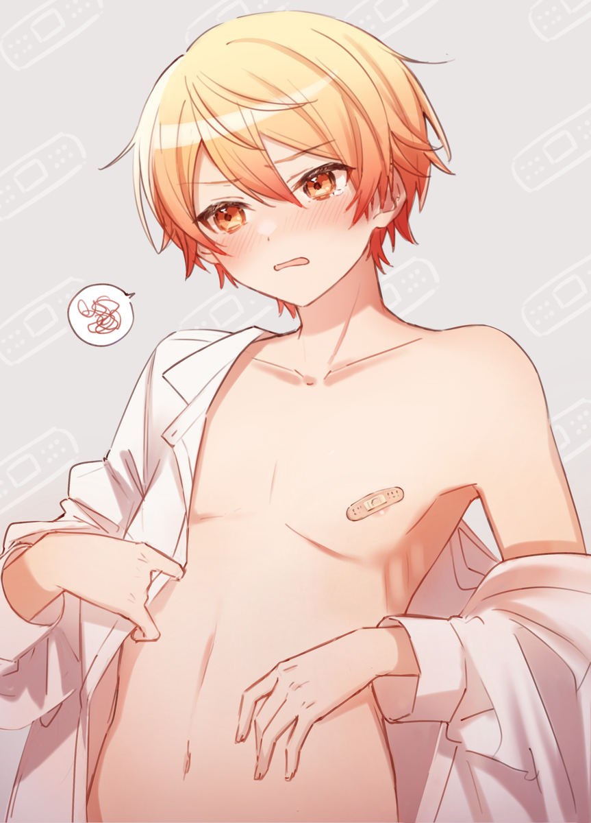 2boys bandaged_chest cute_expression cute_male exposing_chest exposing_self gay nipples plaster plaster_bandage project_sekai revealing revealing_outfit tears tenma_tsukasa trouble troubled