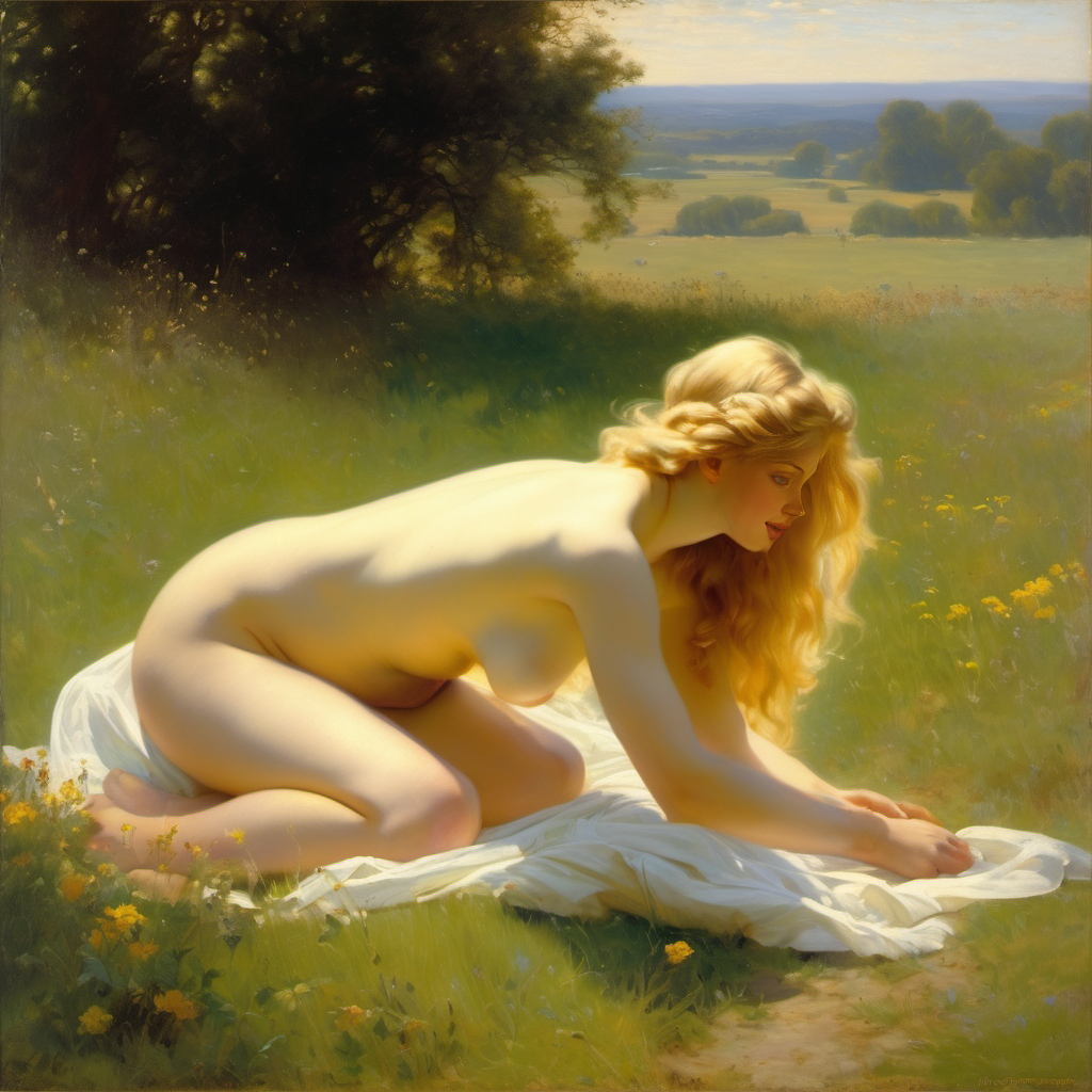 ai_generated ass back big_ass blonde_hair curly_hair curvy field lips long_hair meadow nude on_all_fours presenting realistic small_breasts smile solo sun william_bouguereau