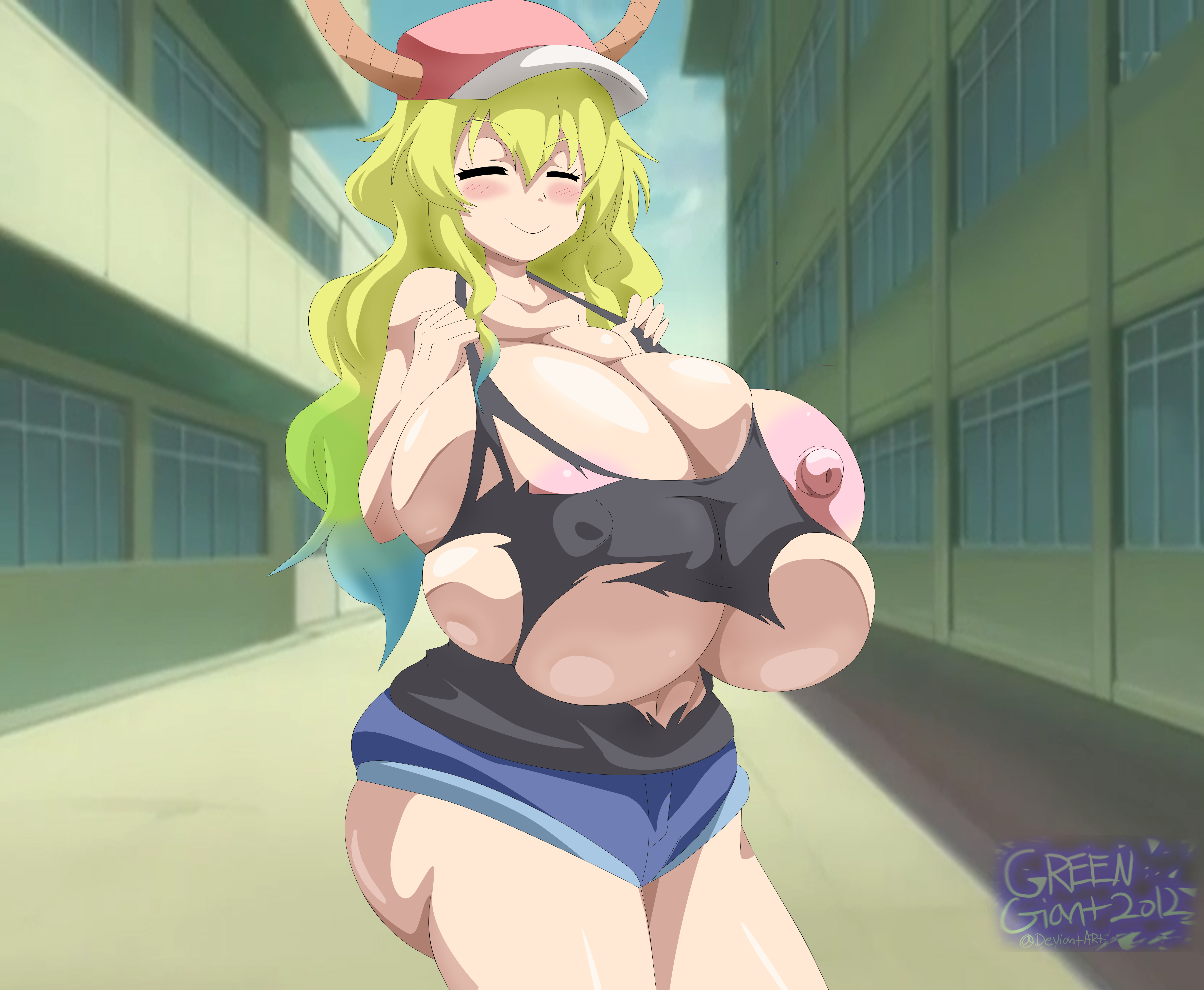 ^ ^, 1girls, ass, big ass, big butt, big nipples, breast expansion, breast growth, breast growth (enlargement), breast squish, breast suppress, breasts, bursting breasts, busty, cleavage, closed eyes, exposed breasts, female, female focus, female only, full cleavage, gigantic breasts, greengiant2012, huge breasts, huge nipples, hyper breasts, hyper nipples, long breasts, miss kobayashi's dragon maid, multicolored hair, nipple slip, nipples, nipples visible through clothing, quetzalcoatl (dragon maid), ripped clothing, shorts, smile, soft breasts, solo, solo female, solo focus, thick thighs, torn open top, voluptuous, wardrobe malfunction