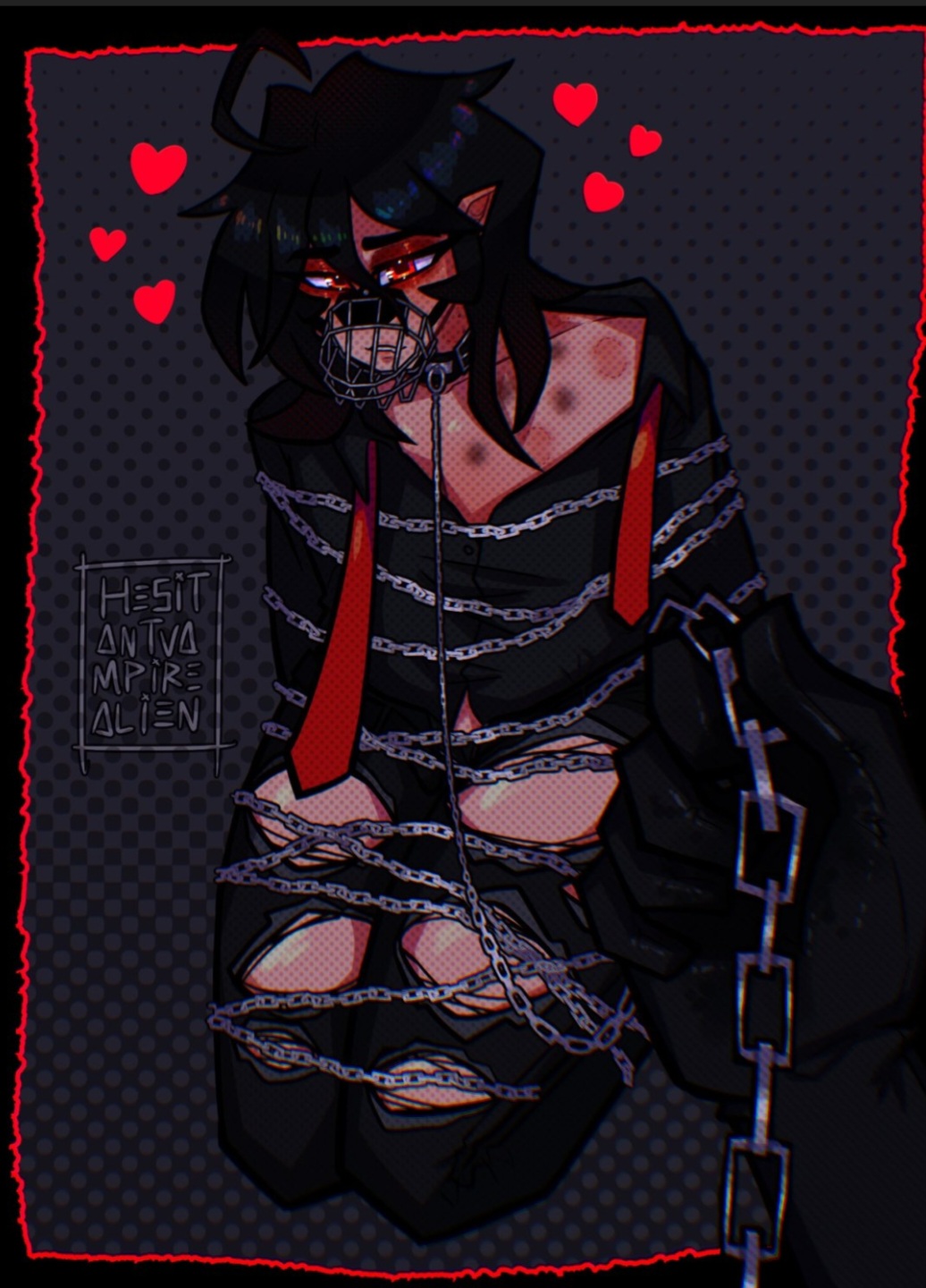 black_hair blush chain_leash chained_up chains elf_ears gerard_way hickey hickey_marks male male_only muzzle muzzle_(object) my_chemical_romance no_nudity on_leash ripped_pants solo solo_male