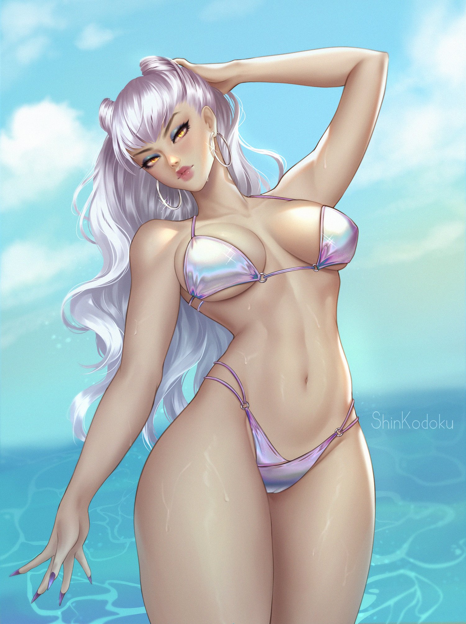 1girls, artist name, belly button, bikini, blue eyeshadow, breasts, earrings, evelynn, eyelashes, eyeshadow, female, female focus, female only, hand on head, hips, hoop earrings, k/da all out evelynn, league of legends, light skin, light-skinned female, lips, lipstick, long fingernails, medium breasts, ocean, pink lips, pink lipstick, purple nail polish, purple nails, sea, shinkodoku, shinkodoku (artist), silver hair, swimsuit, thighs, water, wet, wet body, yellow eyes