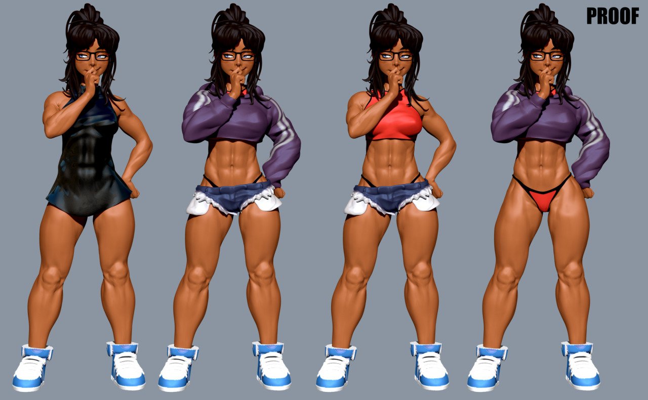 1girls, 3d, 3d (artwork), abs, andavaverse, black hair, character profile, character sheet, dark skin, dark-skinned female, ester figueroa, female, female only, glasses, latina, latina female, multiple views, muscular, muscular female, muscular thighs, proofme, solo, solo female, tagme
