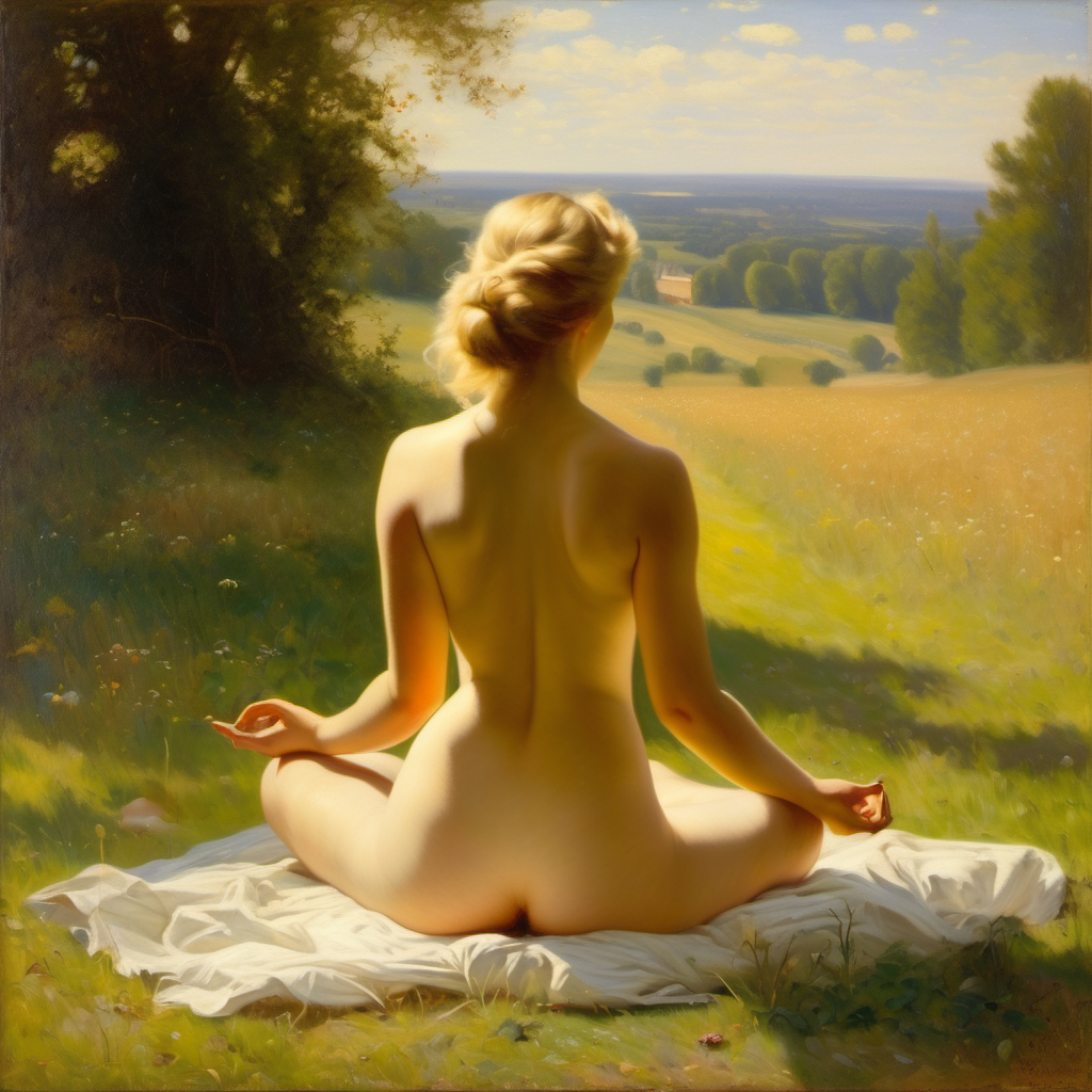 ai_generated ass back back_view big_ass blonde_hair curly_hair curvy field lips long_hair meadow meditation nude presenting realistic small_breasts smile solo sun tied_hair william_bouguereau