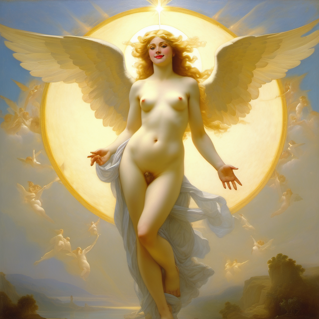 abstract ai_generated angel angel_wings belly blonde_hair blue_eyes breasts clouds curly_hair curvy female halo lips long_hair medium_breasts navel nipples nude presenting realistic sky smile solo sun william_bouguereau wings