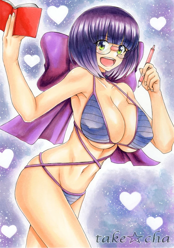 1girls abs ass belly bikini book breasts cleavage elite_four female_only glasses green_eyes holding_pen huge_breasts human human_only midriff navel nintendo notebook open_mouth pencil pokemon pokemon_bw pokemon_bw2 purple_hair ribbon shauntal_(pokemon) short_hair short_purple_hair sketch smile takecha teeth text watermark