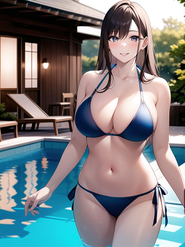 1girls ai_generated ai_mirror belly_button big_breasts bikini blue_bikini blue_eyes blush brown_hair bushes in_water looking_at_viewer medium_hair pool pool_chair poolside smile standing standing_in_water tree white_skin wooden_house