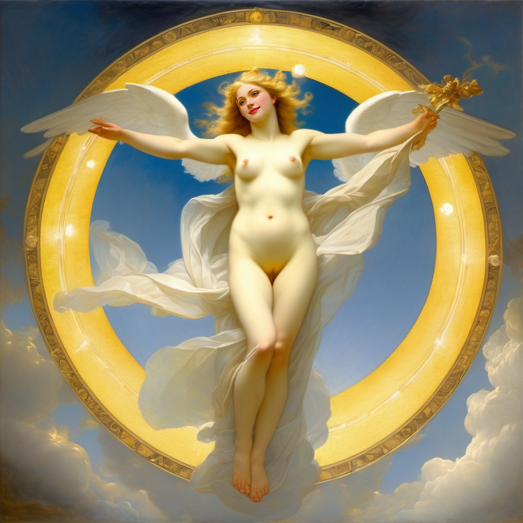 abstract ai_generated angel angel_wings belly blonde_hair blue_eyes breasts clouds curly_hair curvy female halo lips long_hair medium_breasts navel nipples nude presenting realistic sky smile solo william_bouguereau wings