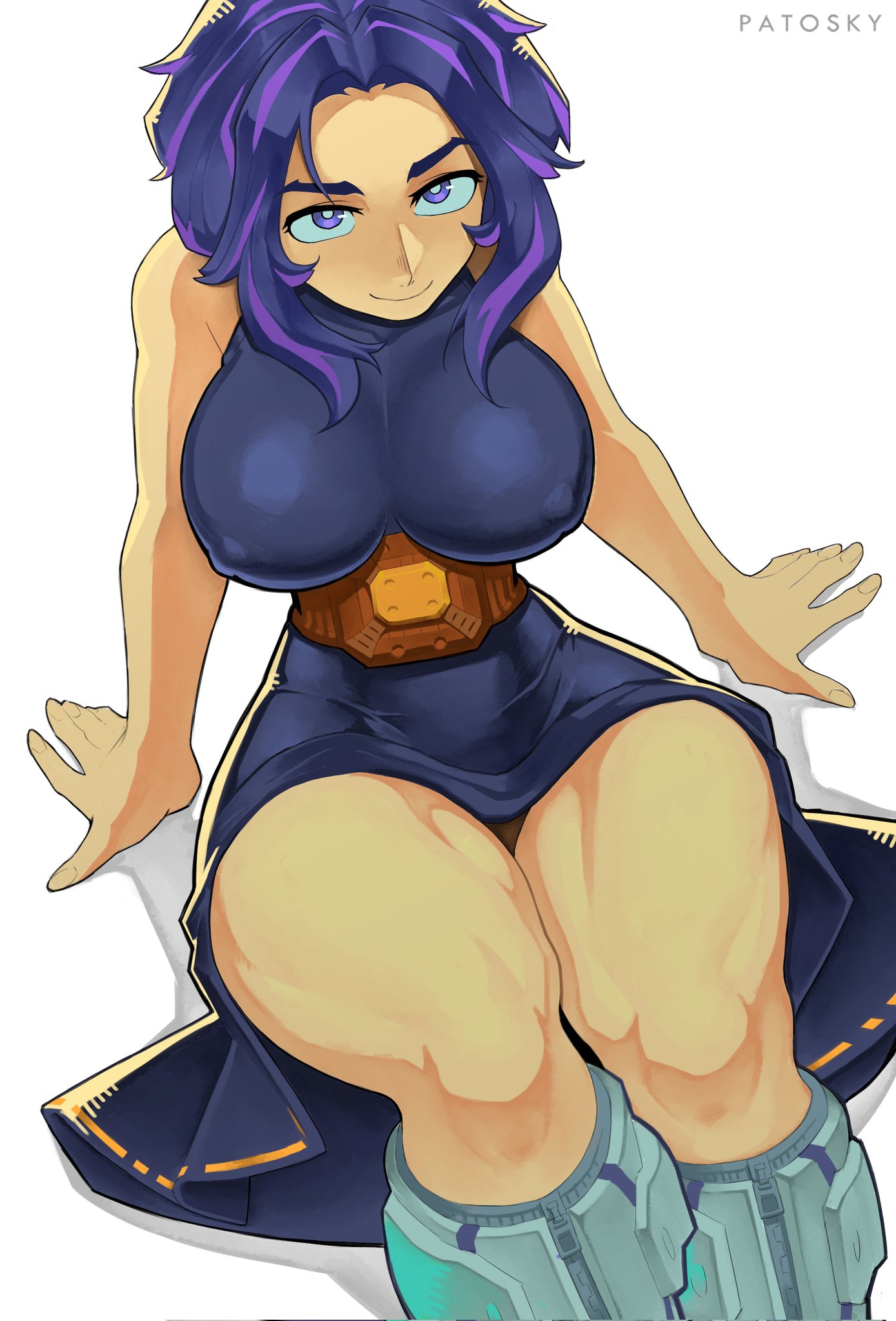1girls, artist name, belt, boku no hero academia, boots, clothed, clothed female, dress, female, female focus, female only, high-angle view, kaina tsutsumi, lady nagant, light skin, light-skinned female, looking at viewer, looking up, looking up at viewer, mature female, multicolored hair, my hero academia, nipple bulge, pale skin, pale-skinned female, patosky, purple hair, purple-haired female, questionable, short hair, simple background, smile, smiling at viewer, solo, solo female, solo focus, thick thighs, thighs, two-tone hair, white background