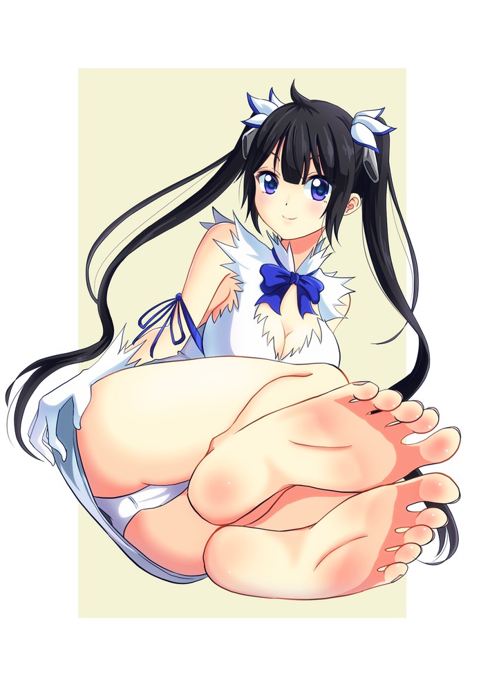 barefoot black_hair blue_eyes breasts dungeon_ni_deai_wo_motomeru_no_wa_machigatteiru_darou_ka feet feet_together foot_fetish hestia_(danmachi) huge_breasts leafar looking_at_viewer pov_feet soles toes underwear white_gloves white_panties