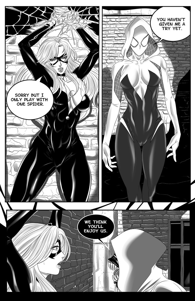 arms up, black cat (marvel), bodysuit, bondage, breasts, cameltoe, comic, comics, dialogue, domino mask, felicia hardy, female, femsub, gwen stacy, gwenom, hood, imminent rape, impossible clothes, marvel, marvel comics, mask, masked, masked female, medium breasts, monochrome, muscular, muscular female, naranjou, outdoors, pussy, restrained, sharp teeth, she-venom, spider-gwen, spider-man (series), straight hair, superheroine, supervillain, symbiote, venom (marvel), web, web bondage
