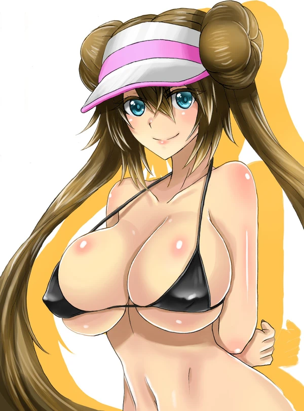 1girls arms_behind_back belly bikini bikini_top blue_eyes breasts brown_hair female_only hat huge_breasts human long_hair looking_at_viewer navel nintendo pokemon pokemon_bw2 rosa_(pokemon) standing takecha twintails visor_cap