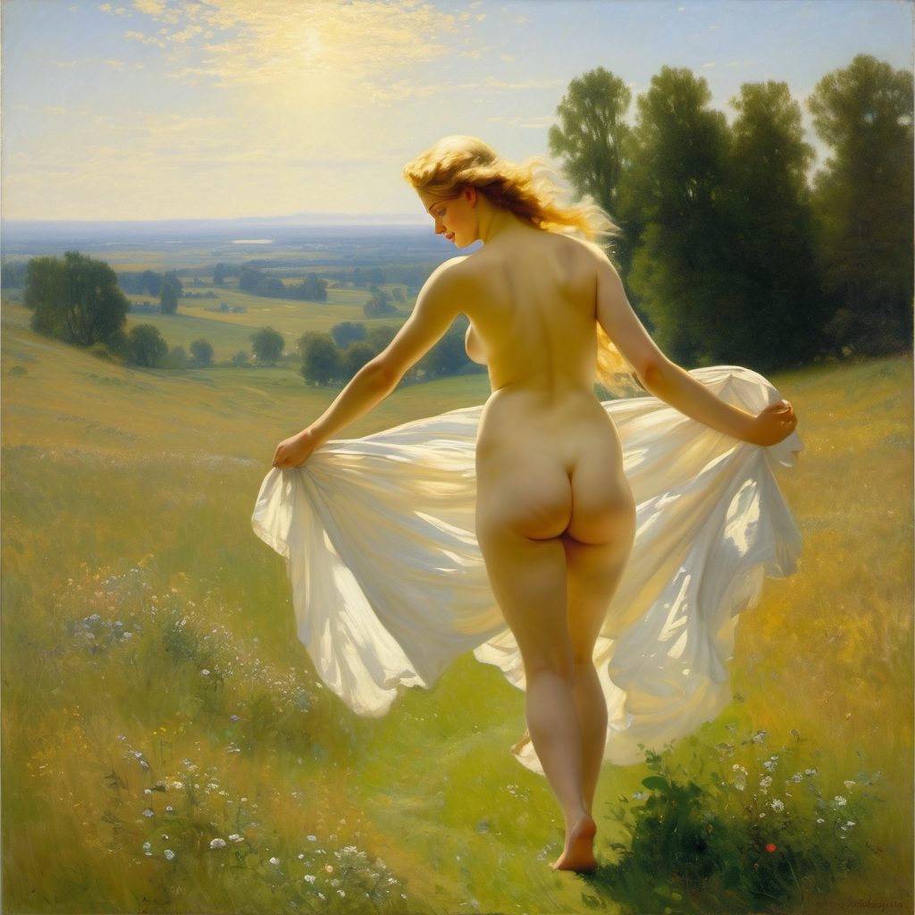 ai_generated ass back back_view big_ass blonde_hair curly_hair curvy field lips long_hair meadow nude presenting realistic small_breasts smile solo sun william_bouguereau