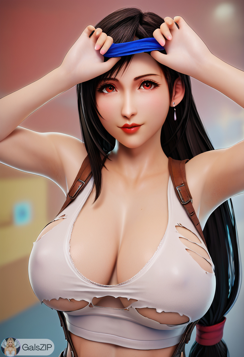 ai_generated big_breasts final_fantasy final_fantasy_vii galszip nipple_bulge red_eyes ripped_clothing tifa_lockhart white_shirt