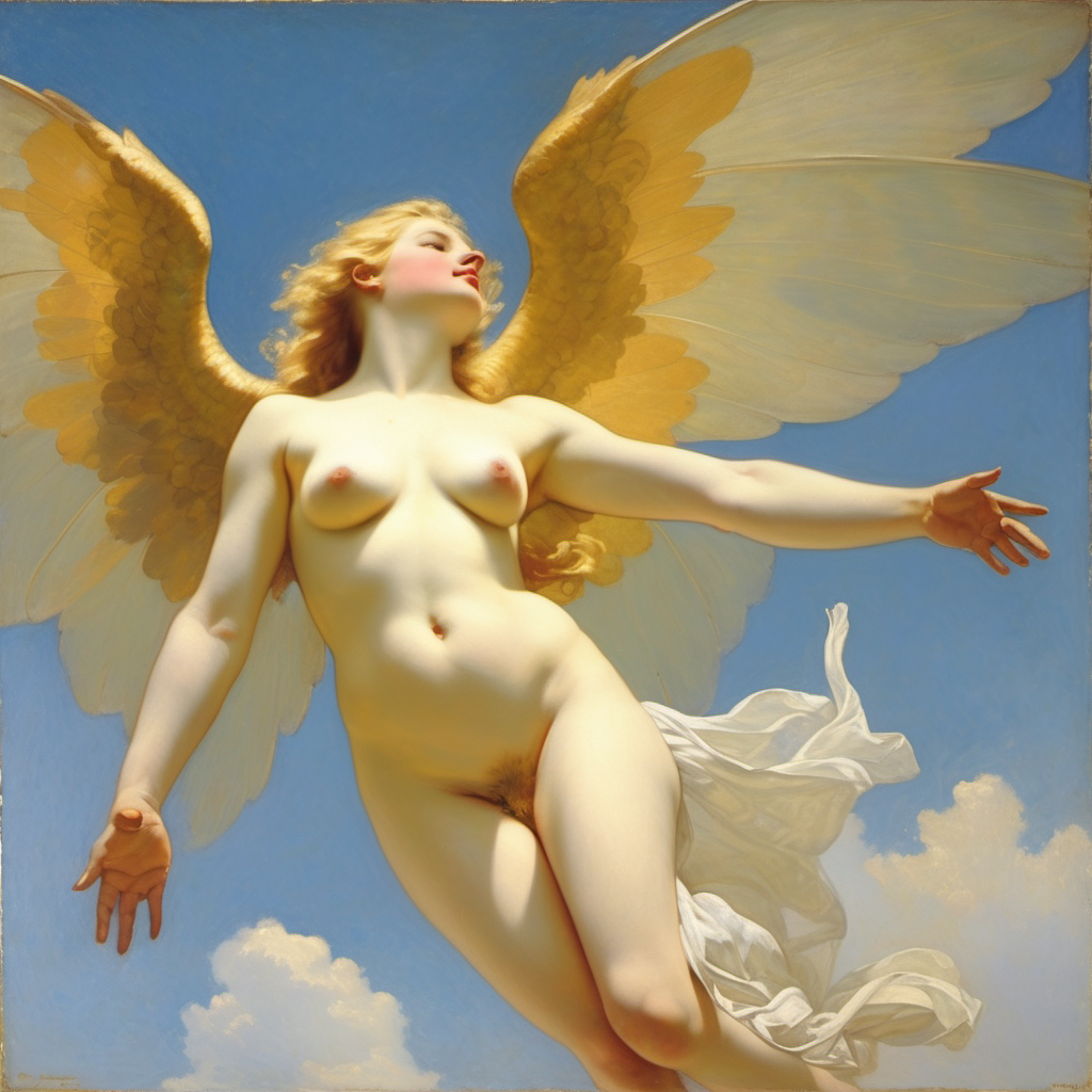 abstract ai_generated angel angel_wings belly blonde_hair blue_eyes breasts clouds curly_hair curvy female halo lips long_hair medium_breasts navel nipples nude presenting pubic_hair realistic sky smile solo william_bouguereau wings