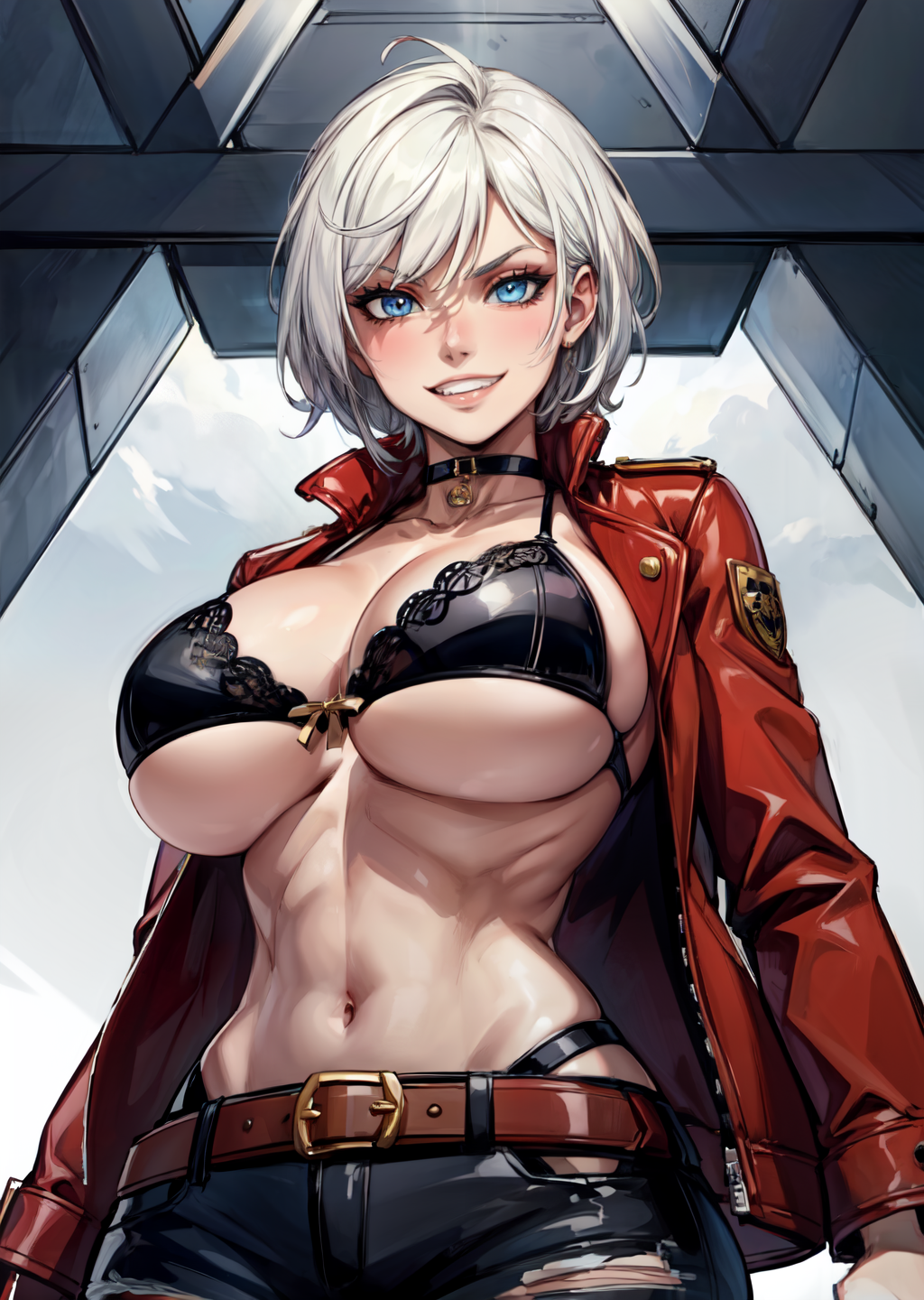 1girls ahoge ai_generated big_breasts black_bra blue_eyes blush bra breasts capcom choker collar dante dante_(dmc:_devil_may_cry) devil_may_cry female female_only from_below genderbent grin huge_breasts jacket large_breasts leather_jacket looking_at_viewer looking_down midriff navel open_clothing open_jacket red_jacket ripped_pants rule_63 rule_63 short_hair skindentation solo stable_diffusion standing tampopo underboob whale_tail white_hair