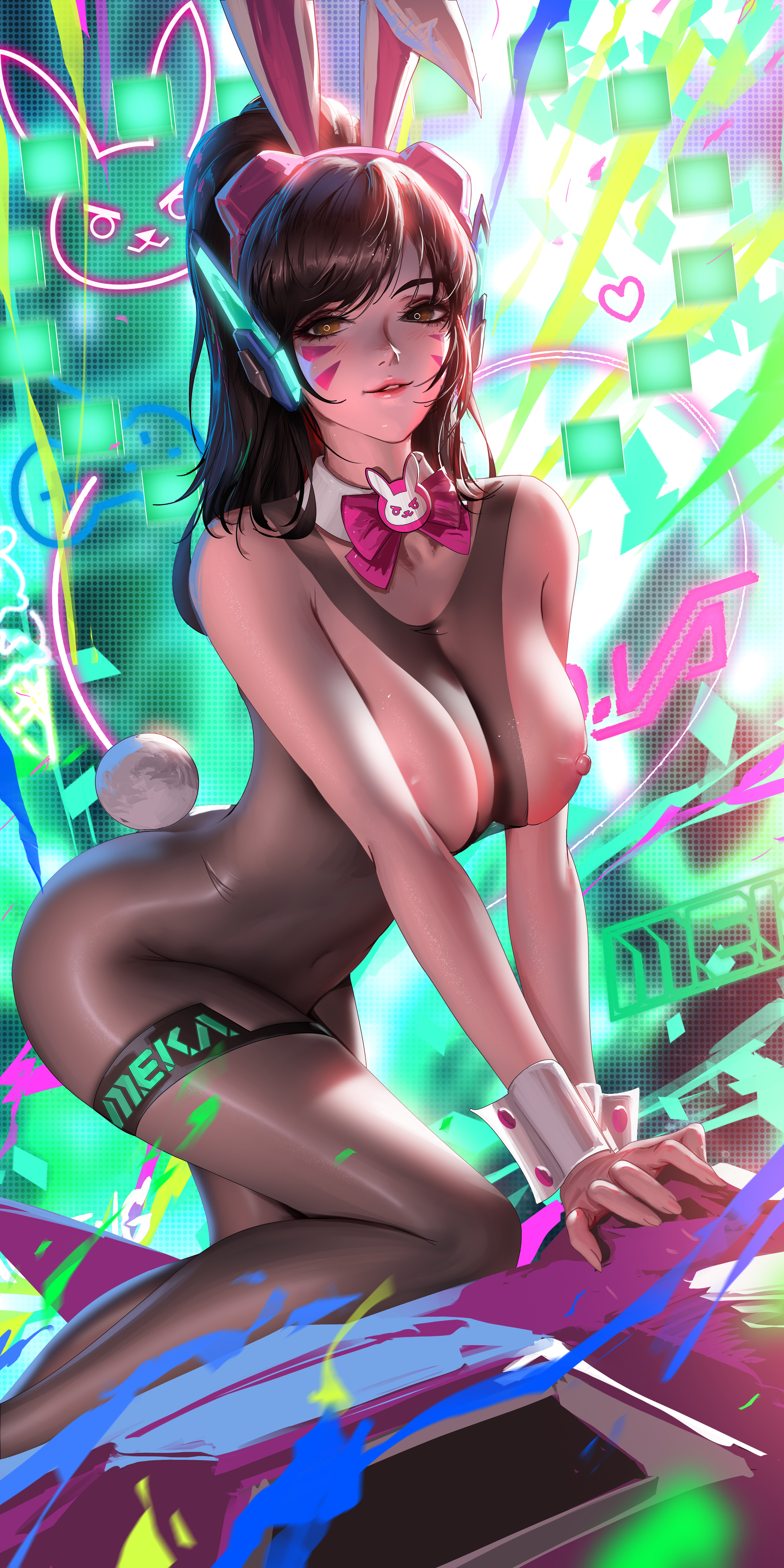 ass, ass focus, big ass, bodystocking, breasts, breasts out, bunny ears, bunnysuit, d.va, female, high resolution, liang xing, meka, mole above mouth, overwatch, overwatch 2, red eyes, robot, tagme, tokki (overwatch), white hair