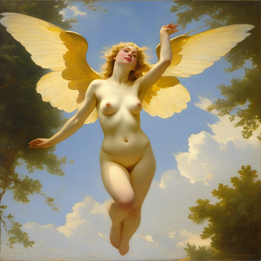 abstract ai_generated belly blonde_hair blue_eyes breasts clouds curly_hair curvy fairy fairy_wings female halo lips long_hair medium_breasts navel nipples nude presenting realistic sky smile solo william_bouguereau wings